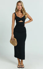 Bianca Midi Dress - Twist Front Cut Out Ruched Dress in Black
