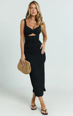 Bianca Midi Dress - Twist Front Cut Out Ruched Dress in Black