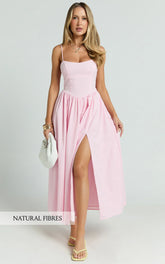 Morris Midi Dress - Linen Scoop Neck Gathered Dress in Pink