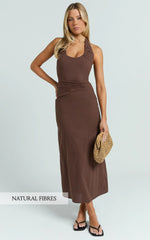 Murray Midi Dress - Deep U Halter Neck Dress in Chocolate