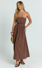 Polly Midi Dress - Strapless Ruched Dress in Chocolate
