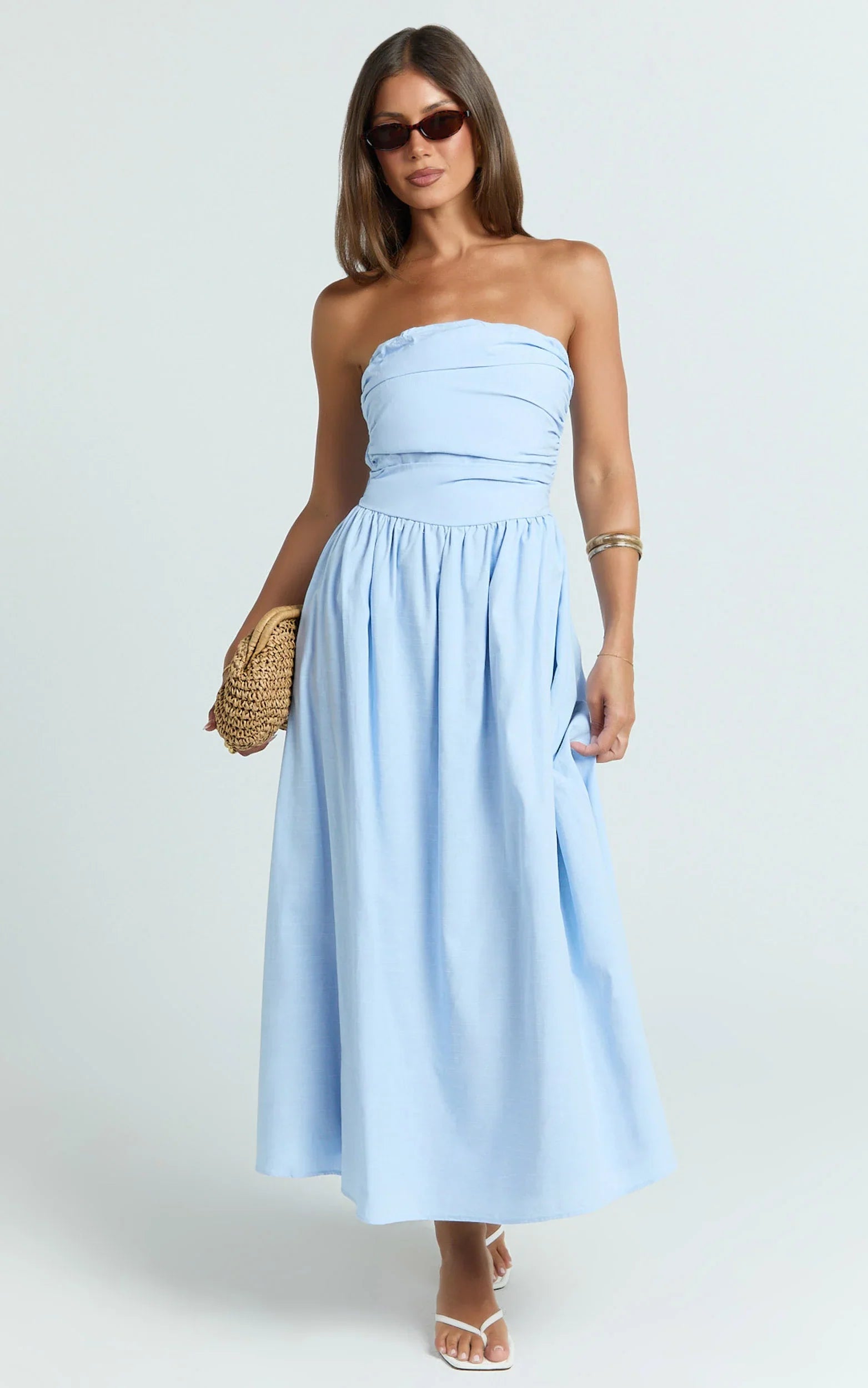 Polly Midi Dress - Strapless Ruched Dress in Blue